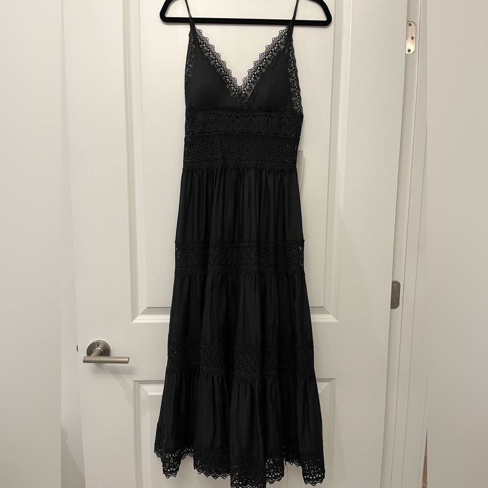 Bloomingdale’s Aqua V Neck Lace Trim Dress